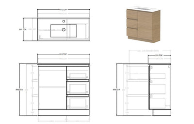 Glacier Ensuite Trio Door and Drawer Floor Standing Vanity Unit 900