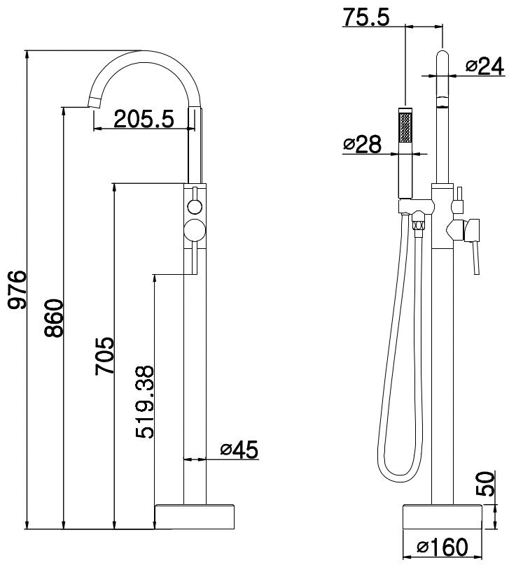 Cioso Free Standing Bath Spout with Handshower