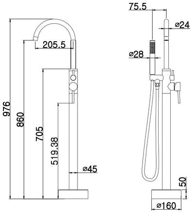 Cioso Free Standing Bath Spout with Handshower