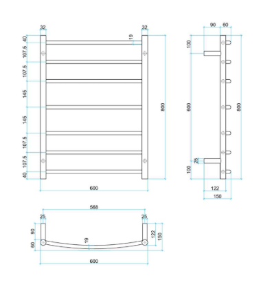 TG Curved Round Ladder Heated Rail 600