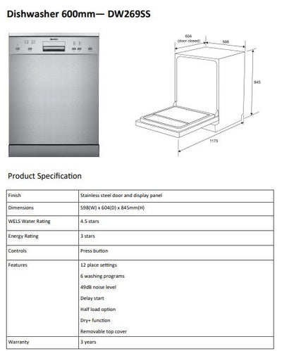 Di Lusso Electronic Free Standing Dishwasher 600/12