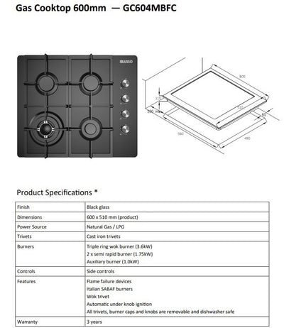 Gas Cooktop Black Glass 600