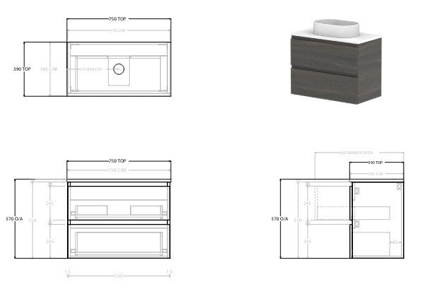 Glacier Twin Lite All Drawer Ensuite Wall Hung Vanity Unit 750