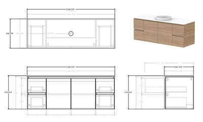 Glacier Twin Full Depth Door and Drawer Wall Hung Vanity Base Only  1500