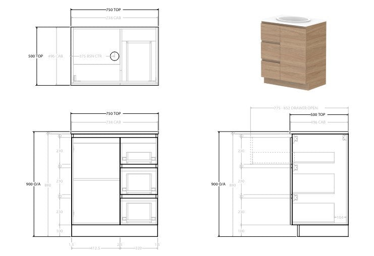 Glacier Full Depth Door and Drawer Floor Standing Vanity Base Only