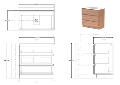 Glacier All Drawer Lite Trio Floor Standing Vanity Unit 900