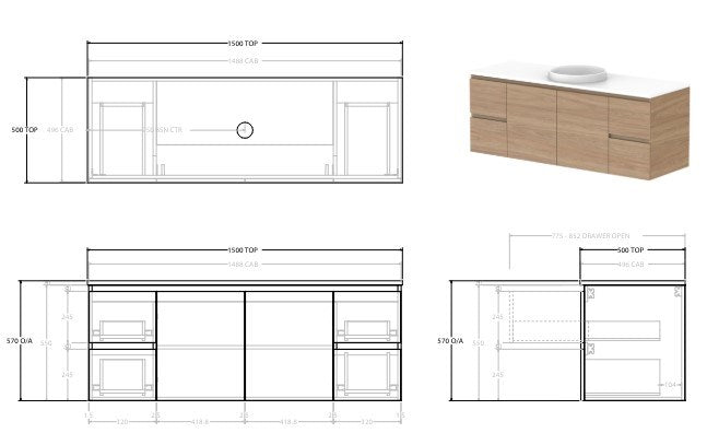 Glacier Twin Full Depth Door and Drawer Wall Hung Vanity Unit 1500