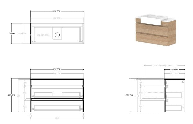 Glacier Twin Lite Semi-Recessed All Drawer Wall Hung Vanity Unit 900