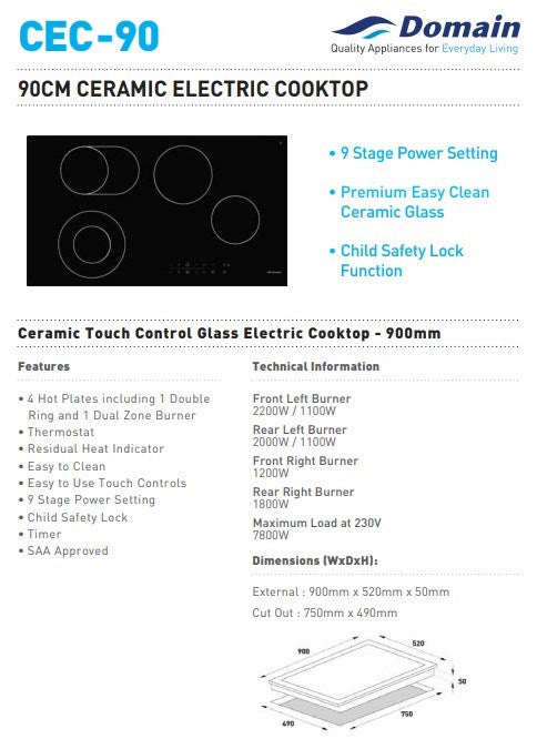 DM Ceramic Glass Electric Cooktop with Touch Controls 900