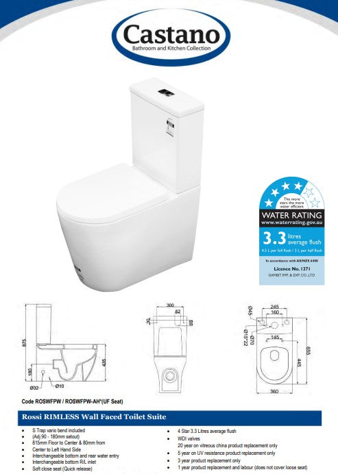 Rassa Easy Height Wall Faced Toilet Suite