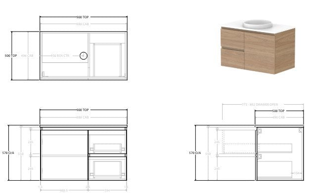 Glacier Lite Twin Full Depth Door and Drawer Wall Hung Vanity Base Only 900