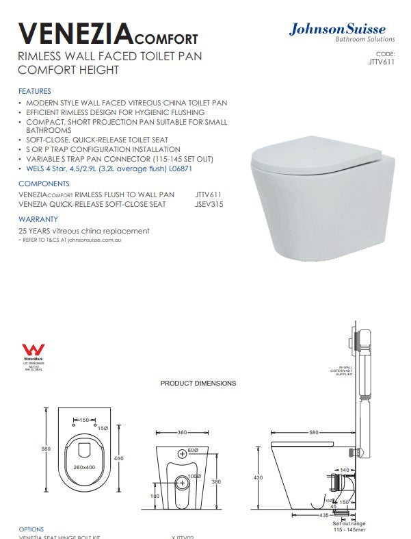 Venezia Comfort Wall Faced Rimless Pan With Seat