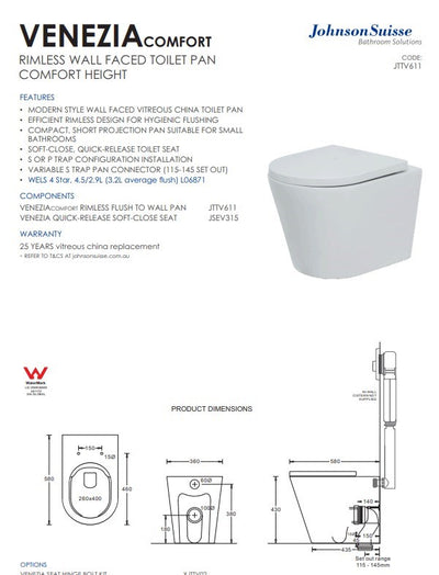 Venezia Comfort Wall Faced Rimless Pan With Seat